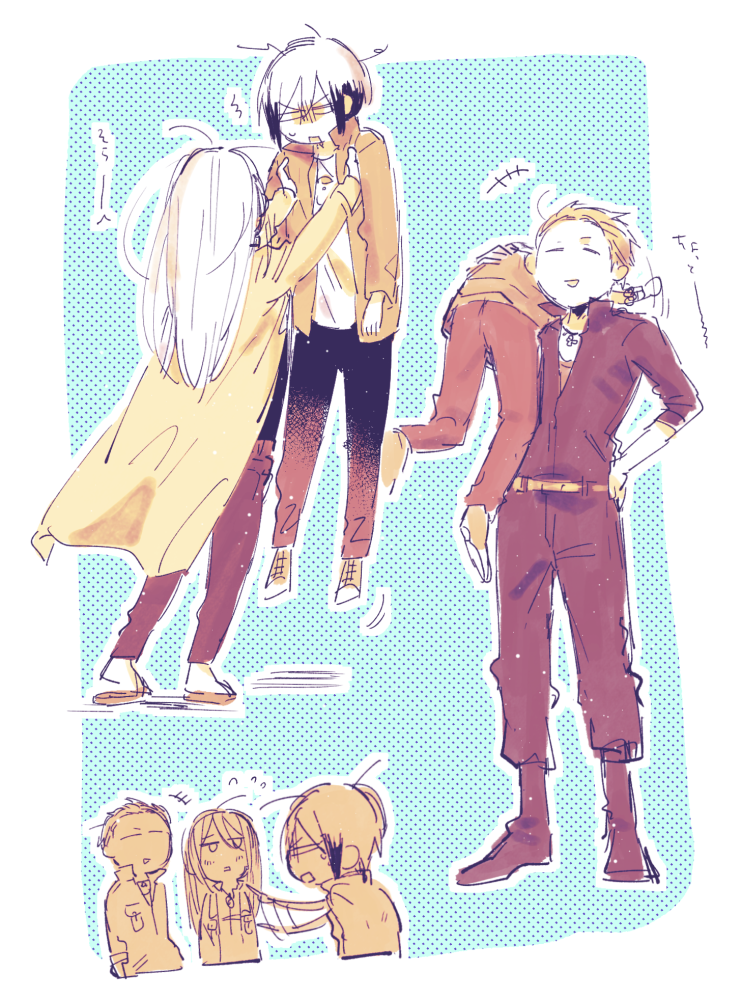 3boys, angry, blue_background, carrying_over_shoulder, height_difference, holding, idolmaster, idolmaster_side-m