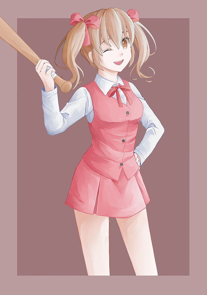 1girl, :d, baseball_bat, border, brown_eyes, brown_hair, collared_shirt, featherwings24, hair_between_eyes, hair_ribbon, hand_on_hip, holding_baseball_bat, miniskirt, misao, misao_(misao), neck_ribbon, open_mouth, outside_border, pink_miniskirt, pleated_skirt, red_background, red_ribbon, red_skirt, red_vest, ribbon, school_uniform, shirt, skirt, smile, solo, thighs, twintails, vest, white_shirt, wing_collar