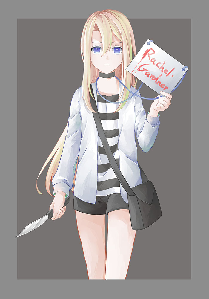 10s, 1girl, bag, black_background, black_shorts, blonde_hair, blue_eyes, border, character_name, choker, closed_mouth, expressionless, featherwings24, holding, holding_knife, holding_sign, jacket, knife, long_hair, long_sleeves, looking_at_viewer, open_clothes, open_jacket, outside_border, rachel_gardner, satsuriku_no_tenshi, shirt, shorts, sign, solo, striped, striped_shirt, very_long_hair, white_jacket