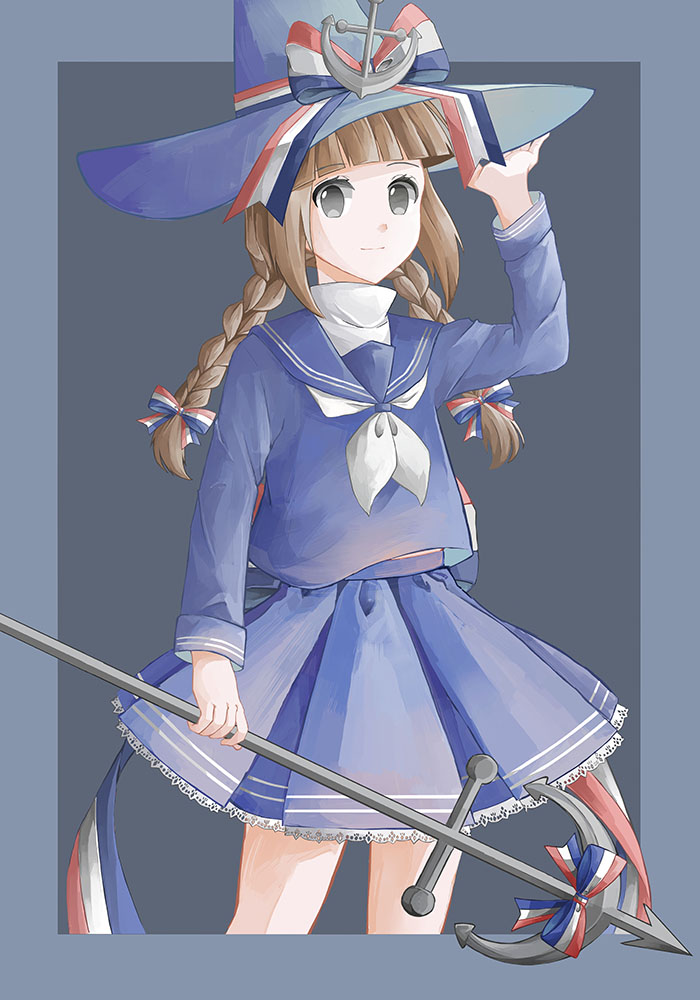 1girl, bangs, black_eyes, blue_background, blue_shirt, blue_skirt, blunt_bangs, border