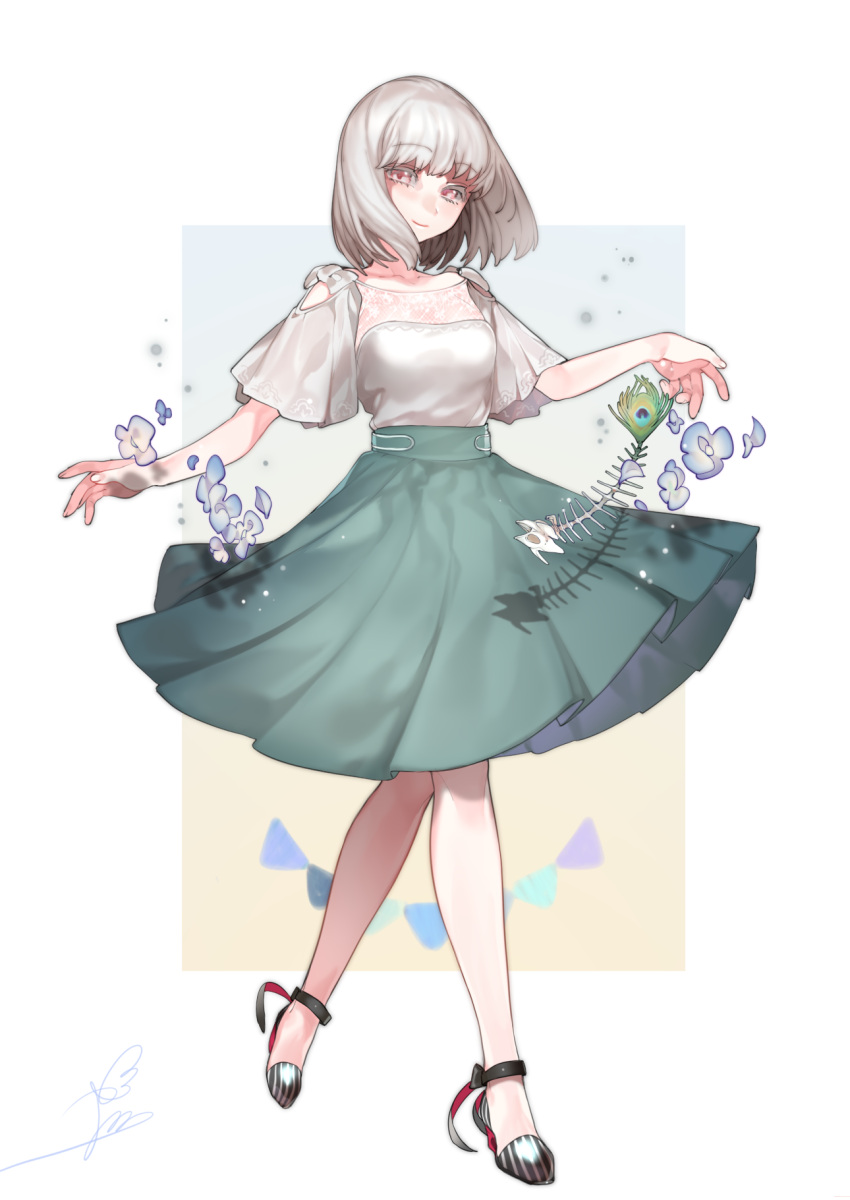 1girl, bangs, black_footwear, bob_cut, closed_mouth, eyebrows_visible_through_hair, fish_scales, full_body