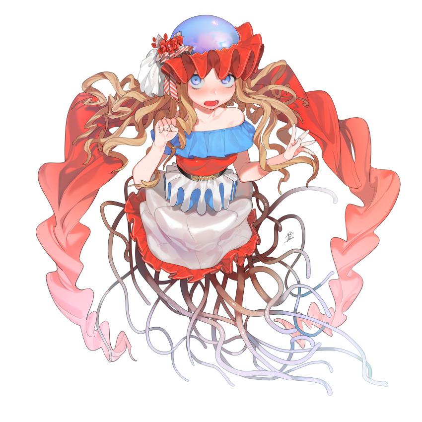 1girl, absurdres, bare_shoulders, belt, blue_eyes, blush, breasts, brown_hair, hat, highres, jellyfish, legless, long_hair, looking_at_viewer, monster, open_mouth, original, red_shirt, shirt, skirt, small_breasts, solo, tentacle, transparent_background, wntame