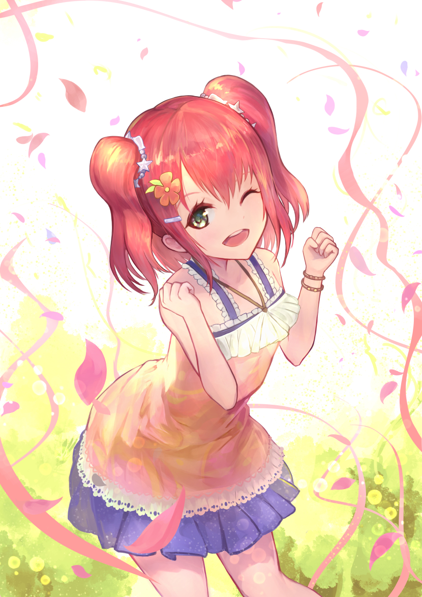 1girl, birthday, bracelet, clenched_hands, flower, green_eyes, hair_flower, hair_ornament
