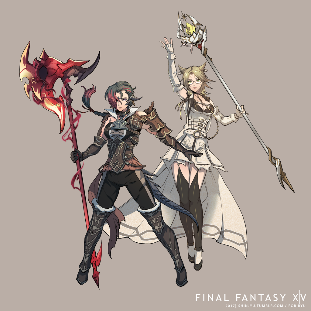2girls, animal_ears, armor, au_ra, axe, black_hair, blonde_hair, braid