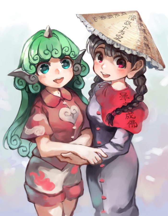 2girls, animal_ears, black_hair, braid, dress, green_eyes, green_hair, hat