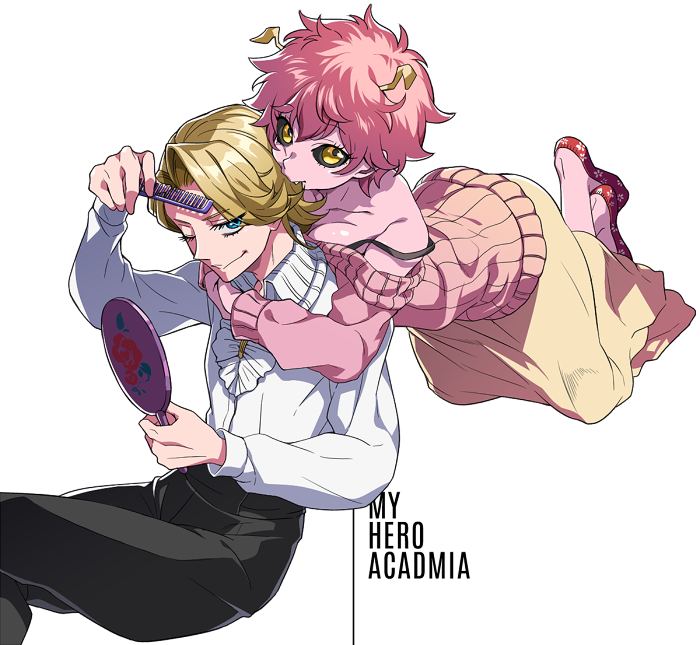 1boy, 1girl, alternate_costume, aoyama_yuuga, arched_back, ashido_mina, bare_shoulders, bishounen