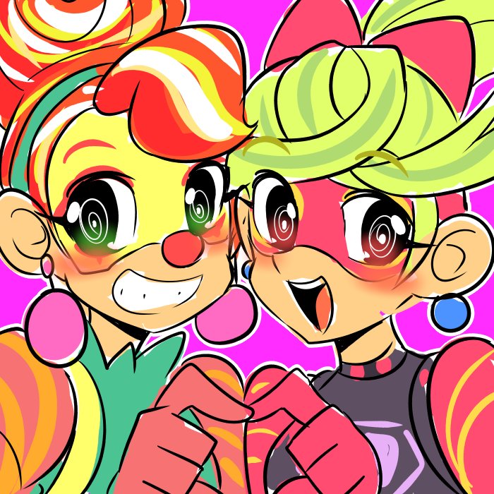 2girls, :d, al_bhed_eyes, arms_(game), bangs, blonde_hair, blush, bright_pupils, cello_(us), clown, clown_nose, colorful, crossed_bangs, earrings, eyebrows_visible_through_hair, eyelashes, green_eyes, green_hair, green_shirt, grin, hair_ribbon, heart, heart_hands, jewelry, lola_pop, long_hair, looking_at_viewer, multicolored_hair, multiple_girls, open_mouth, orange_hair, outline, pink_background, pink_ribbon, ponytail, raised_eyebrows, red_eyes, redhead, ribbon, ribbon_girl_(arms), shirt, short_hair, simple_background, sketch, smile, streaked_hair, suspenders, teeth, tongue, turtleneck, two-tone_hair, upper_body, white_hair, white_pupils