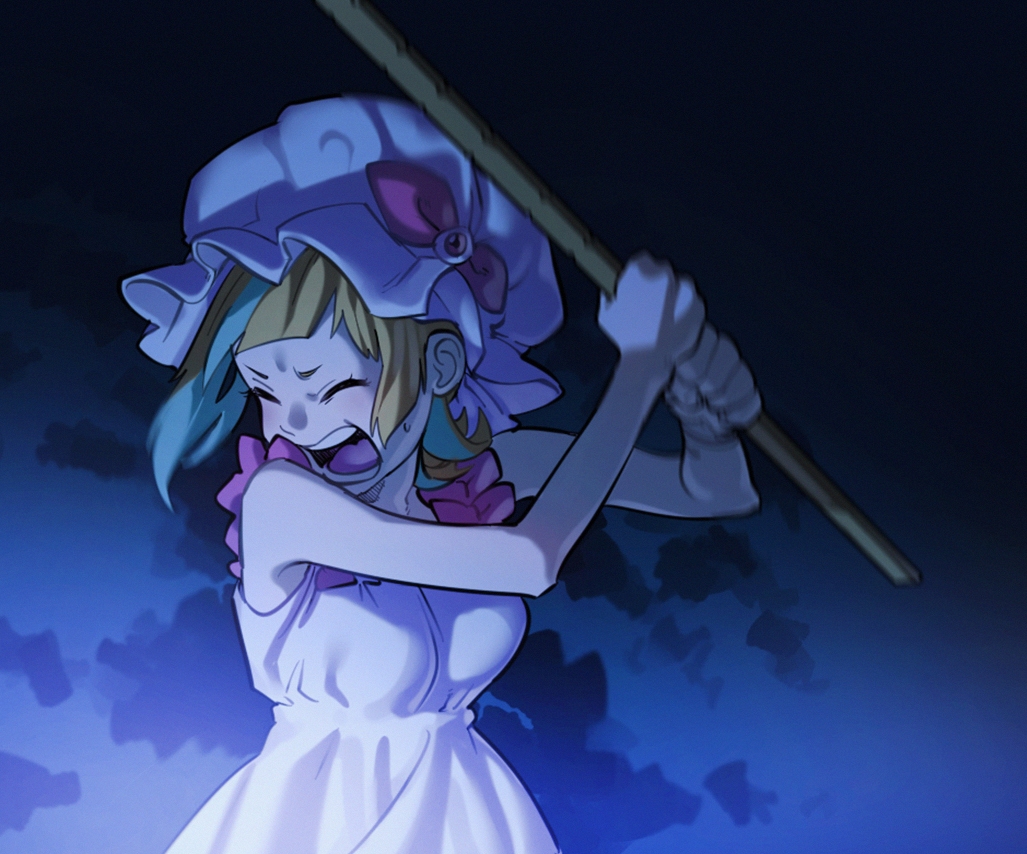1girl, aconitea, closed_eyes, hat, holding, kiznaiver, long_hair, mob_cap