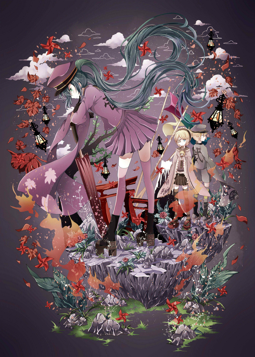1boy, 2girls, absurdres, azure-aoi-, black_hairband, black_legwear, black_skirt, blonde_hair