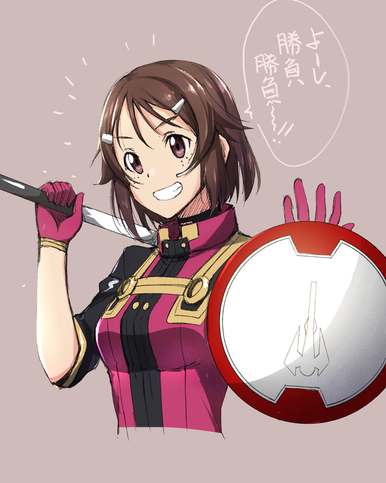 1girl, augma, brown_eyes, brown_hair, cropped_torso, gloves, grey_background, grin, hair_ornament, hairclip, highres, holding, holding_shield, holding_weapon, lisbeth, red_gloves, shield, short_hair, simple_background, sketch, smile, solo, sword_art_online, upper_body, weapon, yu-ta