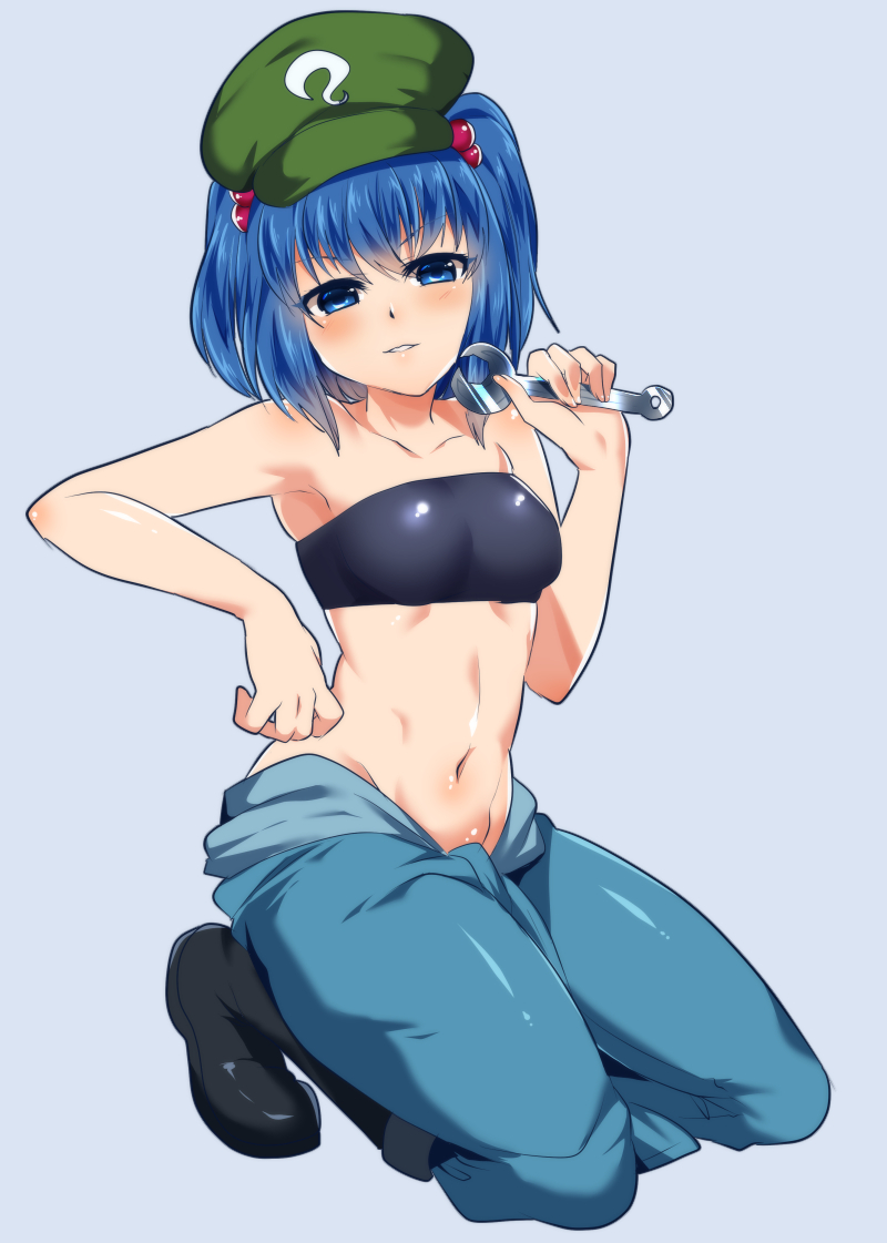 1girl, armpits, black_footwear, blue_eyes, blue_hair, blue_pants, boots, bra, breasts, collarbone, full_body, green_hat, grey_background, groin, hat, holding, kawashiro_nitori, kneeling, looking_at_viewer, medium_breasts, midriff, navel, pants, parted_lips, ruri_tsubame, shiny, shiny_clothes, short_hair, simple_background, solo, stomach, strapless, strapless_bra, touhou, underwear