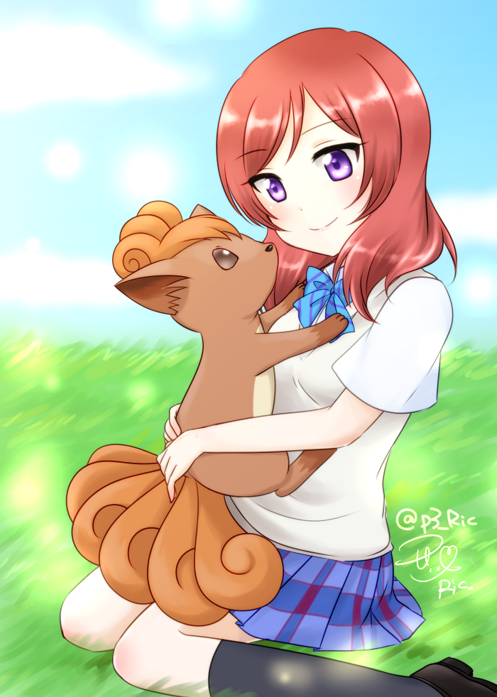 1girl, 1other, ascii_media_works, black_legwear, blue_skirt, blue_sky, bushiroad, creatures_(company), crossover, day, fox, game_freak, long_hair, love_live!, love_live!_school_idol_project, miniskirt, nintendo, nishikino_maki, outdoors, pleated_skirt, pokemon, redhead, ric_(fwpbox), shirt, short_sleeves, signature, sitting, sketch, skirt, sky, smile, solo, tokyo_mx, violet_eyes, vulpix, white_shirt