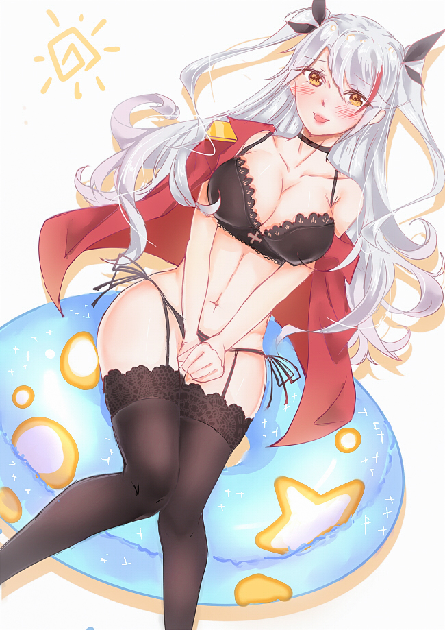 1girl, :d, azur_lane, bikini, black_legwear, blush, breasts, choker