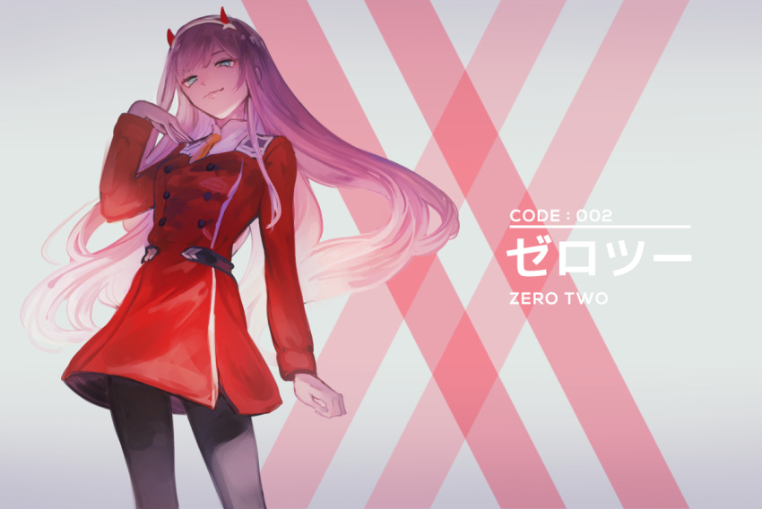 1girl, black_legwear, character_name, code:002, cowboy_shot, darling_in_the_franxx, double-breasted, dress