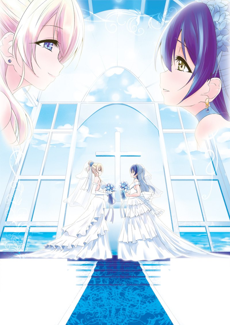2girls, ayase_eli, blonde_hair, blue_eyes, blue_flower, blue_hair, bouquet, bridal_veil