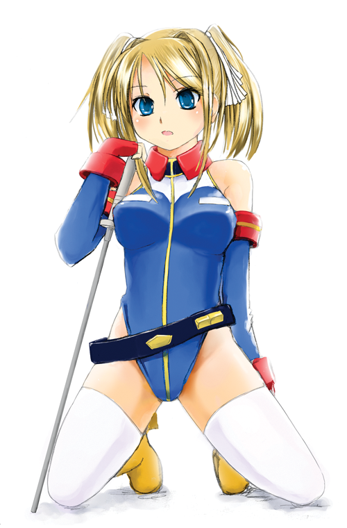 beltskirt, blonde_hair, blue_eyes, breasts, elbow_gloves, gloves, gundam, gundam_card_builder