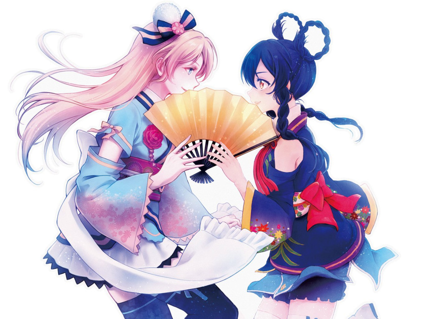 2girls, :d, alternate_costume, alternate_hairstyle, angelic_angel, ayase_eli, bangs, bare_shoulders, black_hair, black_legwear, blonde_hair, blue_clothes, blue_eyes, blue_kimono, braid, collaboration, commentary_request, couple, detached_sleeves, eye_contact, face-to-face, fan, female, floating_hair, flower, folding_fan, from_side, grin, hair_ornament, hair_ribbon, hair_rings, japanese_clothes, kimono, long_hair, looking_at_another, love_live!, love_live!_school_idol_project, multiple_girls, mutual_yuri, obi, open_mouth, parted_lips, ribbon, sash, smile, sonoda_umi, suito, thigh-highs, twin_braids, white_legwear, yellow_eyes, yukiiti, yuri