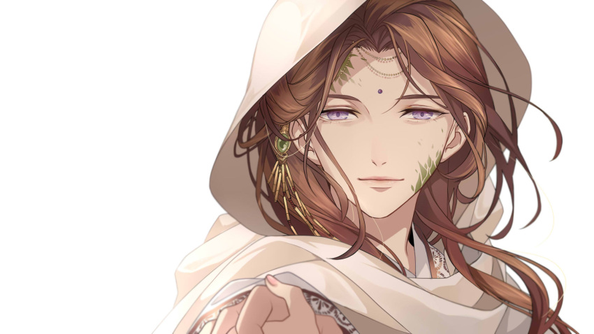 1boy, bangs, bindi, brown_hair, close-up, closed_mouth, commentary_request, face