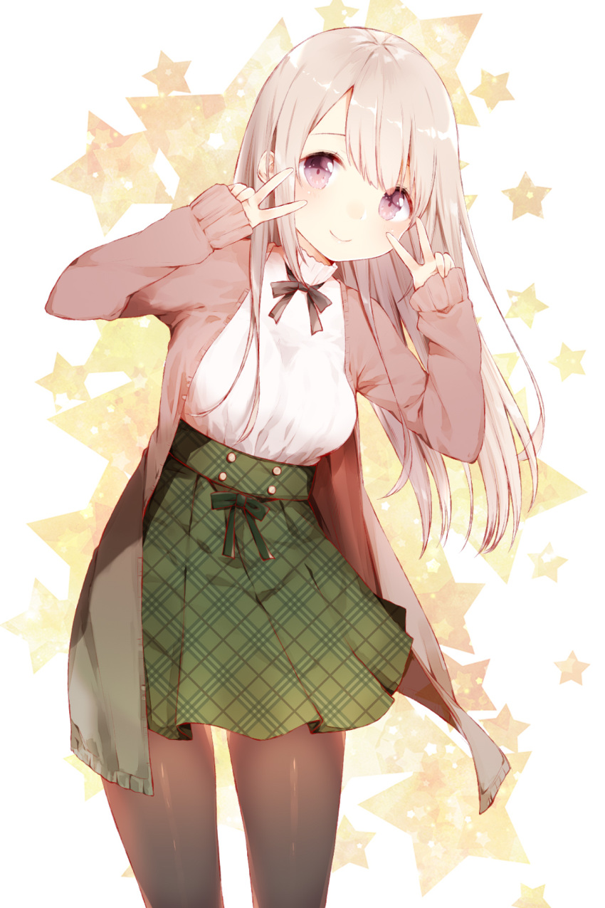 1girl, bangs, black_legwear, blonde_hair, blouse, blush, cardigan, closed_mouth