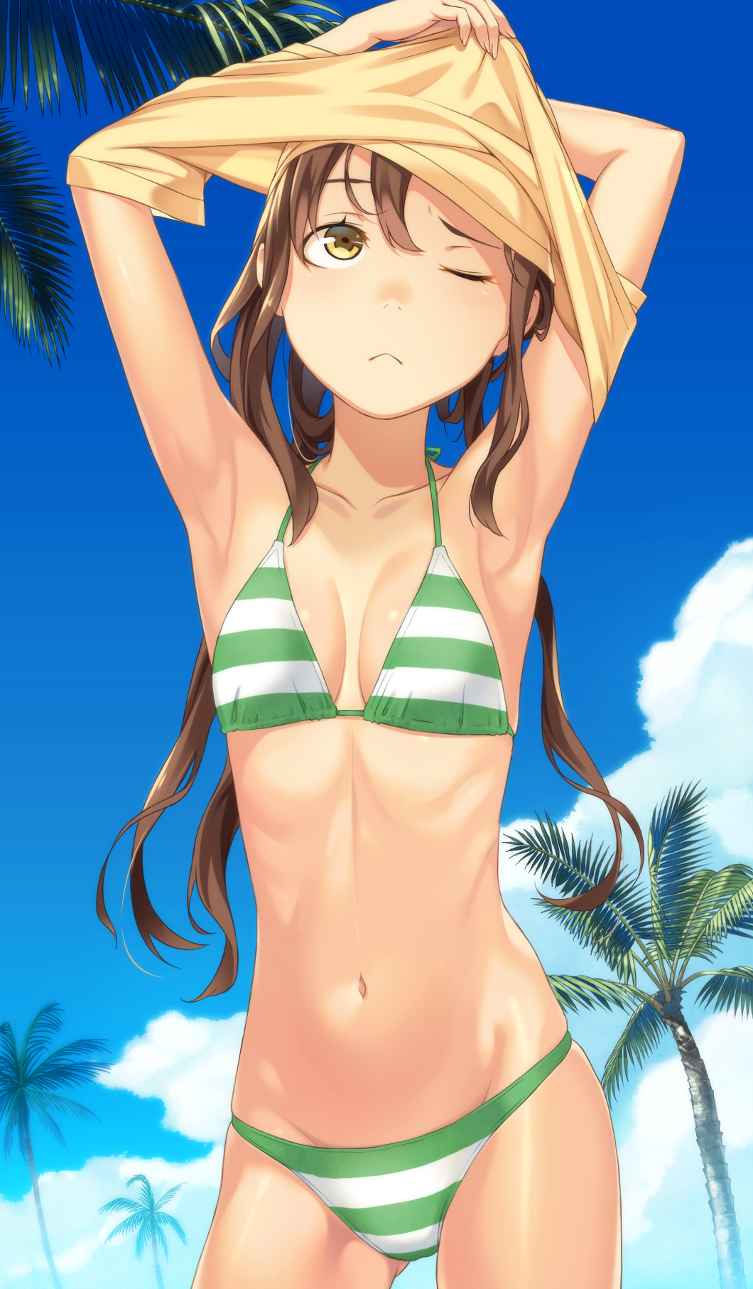 1girl, ;<, armpits, arms_up, bikini, blue_sky, breasts, brown_hair