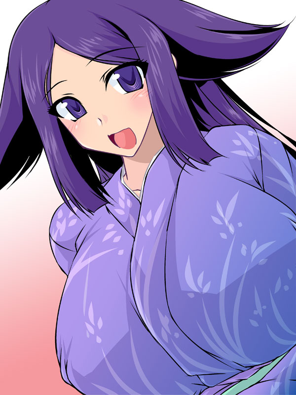 1girl, blush, breasts, huge_breasts, japanese_clothes, kimono, long_hair, looking_at_viewer, mushibugyou, oharu_(mushibugyou), open_mouth, purple_hair, smile, solo, soushin_souma, violet_eyes