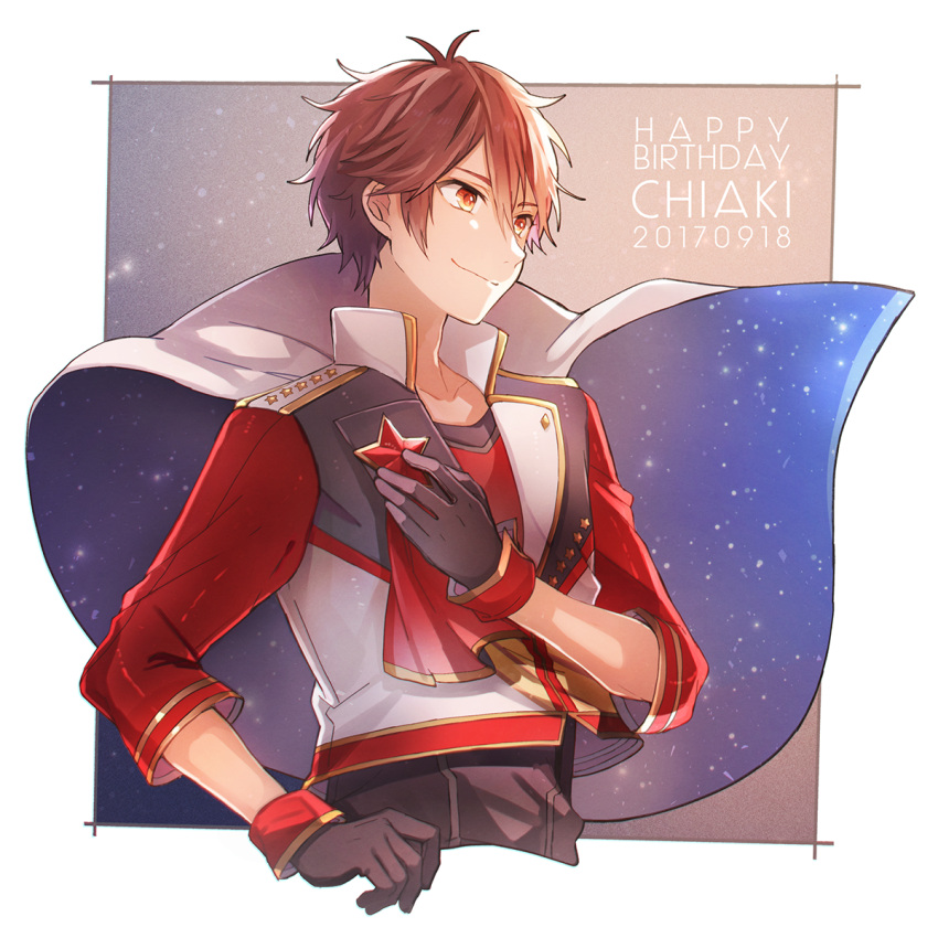 10s, 1boy, black_gloves, brown_hair, cape, closed_mouth, commentary_request, cropped_legs