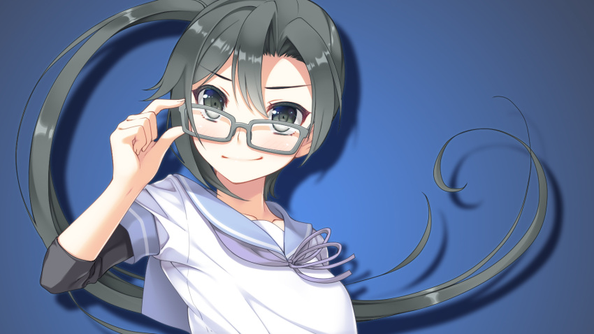>:), 10s, 1girl, amagiri_(kantai_collection), black_hair, blue_background, blue_sailor_collar, glasses
