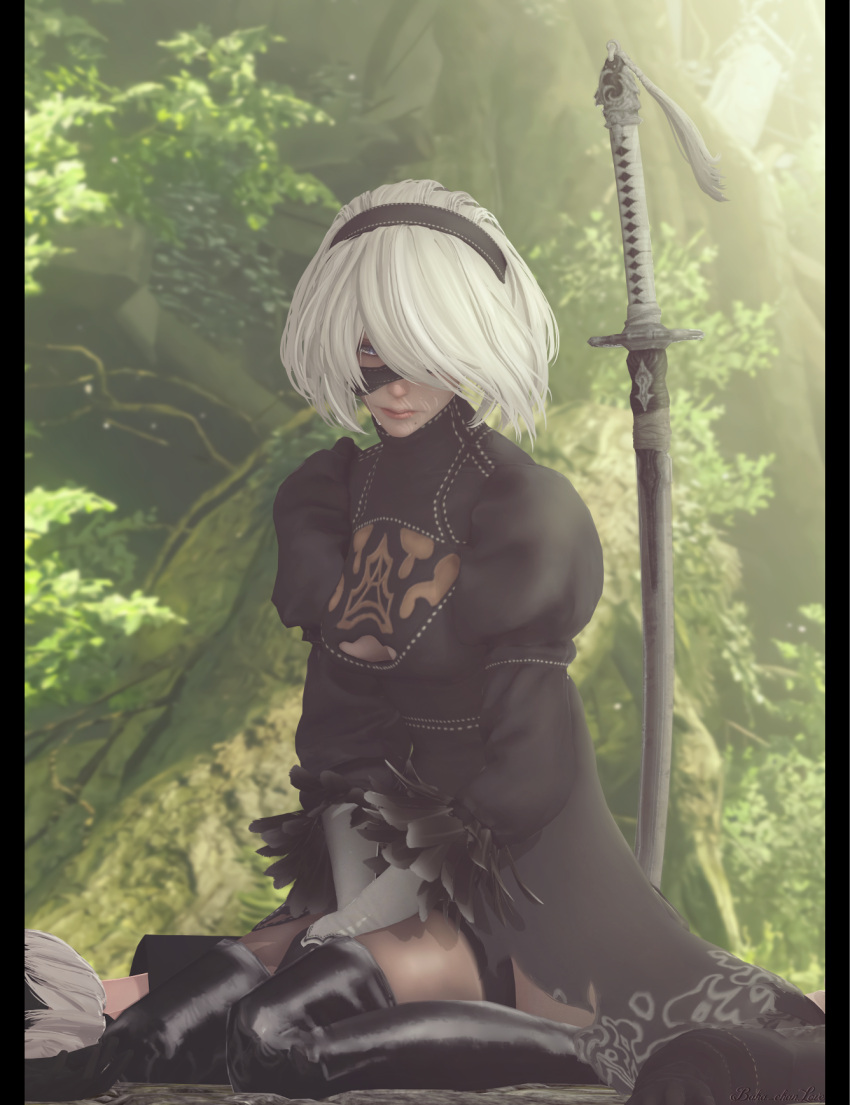 1girl, 3d, adapted_costume, android, arms_between_legs, baka-chanlove, black_dress, black_hairband