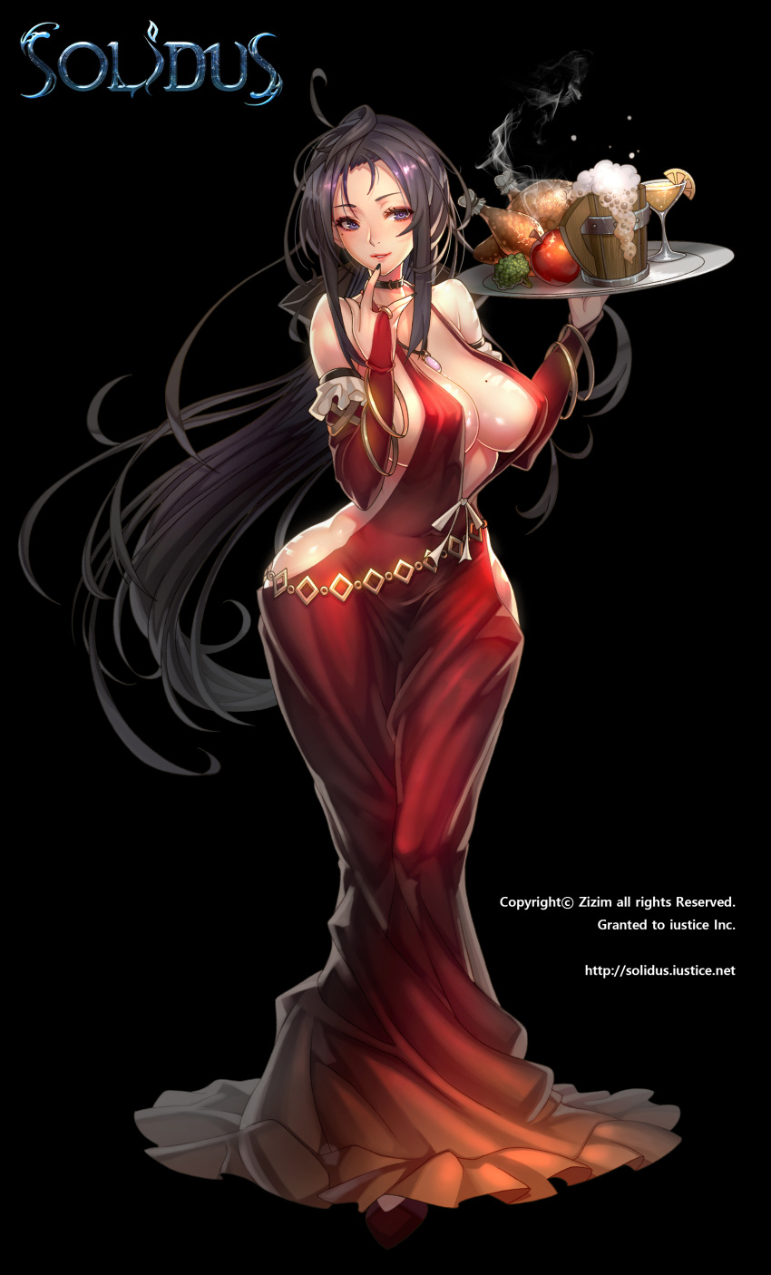 1girl, absurdres, ahoge, bare_shoulders, beer_mug, black_eyes, black_hair, black_nails