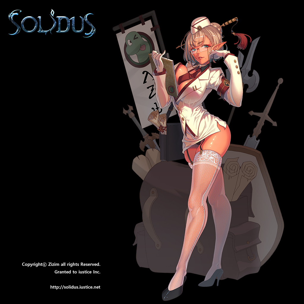 >:), 1girl, armband, bangs, black_panties, blonde_hair, blue_eyes, breasts, choker, cleavage, elf, fishnet_legwear, fishnets, full_body, garter_straps, gloves, hair_ornament, hair_stick, hat, high_heels, large_breasts, long_sleeves, looking_at_viewer, miniskirt, necktie, nurse, nurse_cap, official_art, panties, pantyshot, pantyshot_(standing), parted_lips, pointy_ears, red_necktie, short_hair, skirt, skirt_set, smile, solidus, solo, standing, thigh-highs, underwear, white_gloves, zizim