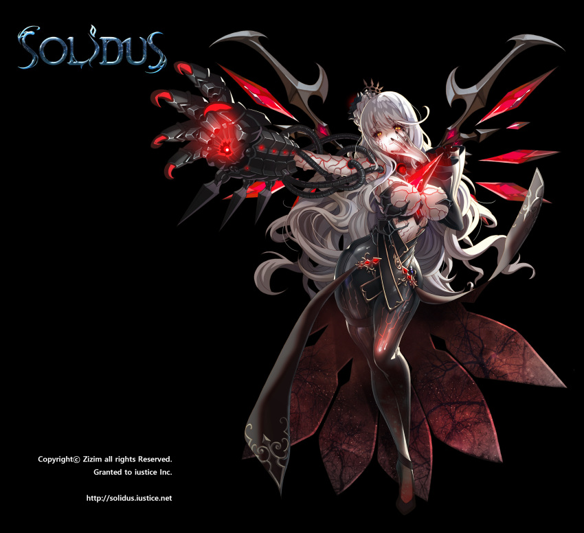 1girl, absurdres, armpits, black_dress, black_legwear, black_sclera, breasts, closed_mouth, crystal, dress, flower, full_body, hair_flower, hair_ornament, highres, large_breasts, long_hair, looking_at_viewer, official_art, pale_skin, pantyhose, revealing_clothes, single_gauntlet, solidus, solo, standing, veins, very_long_hair, wavy_hair, white_hair, wings, yellow_eyes, zizim