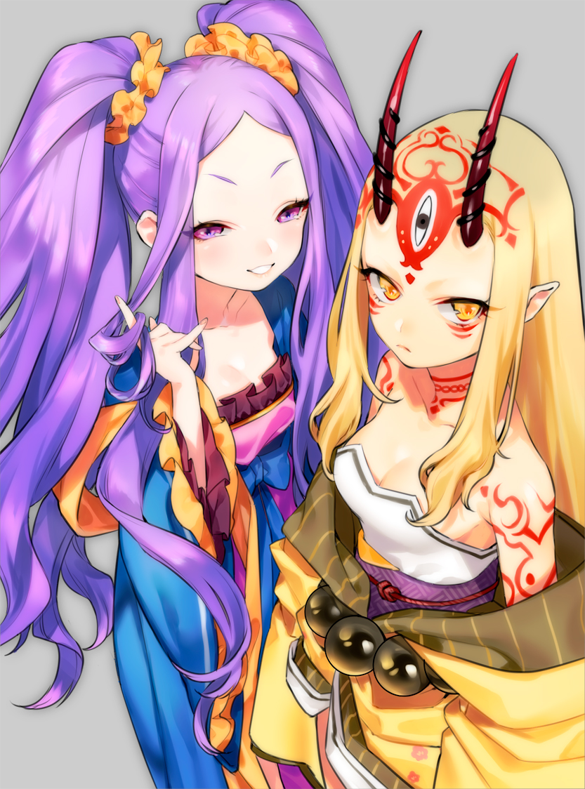 2girls, bare_shoulders, blonde_hair, breasts, cleavage, eyebrows, fate/grand_order, fate_(series)