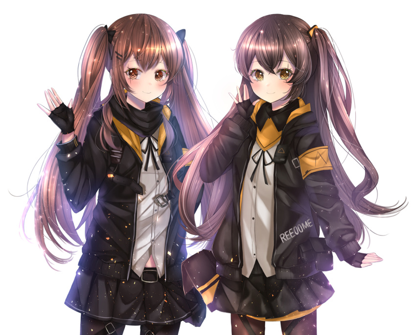2girls, arm_at_side, armband, bangs, belt_buckle, black_bow, black_gloves, black_jacket