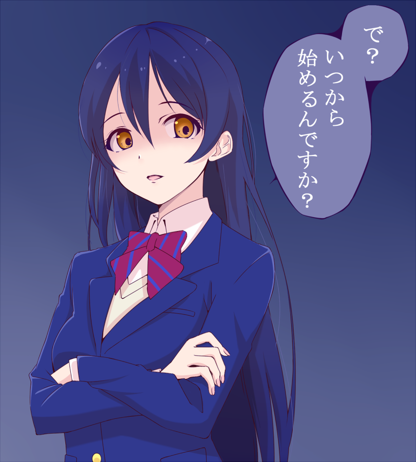1girl, bangs, blazer, blue_hair, bow, bowtie, commentary_request, crossed_arms