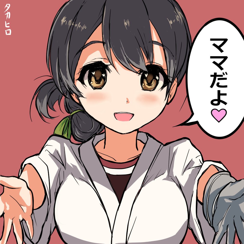 10s, 1girl, artist_name, bangs, black_hair, blue_ribbon, brown_eyes, folded_ponytail