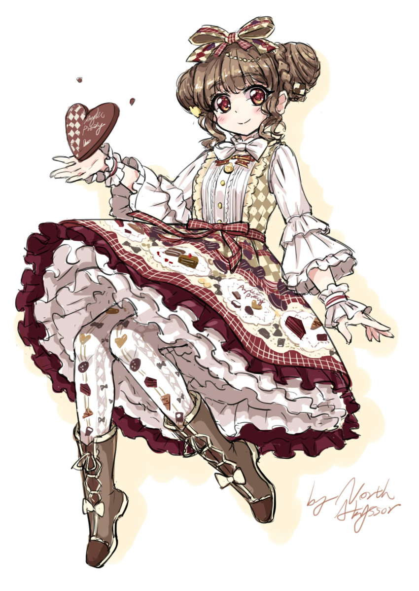1girl, angelic_pretty, bangs, blush, boots, bow, bowtie, braid, brown_hair, cake_print, checkerboard_cookie_hair_ornament, chocolate, chocolate_heart, cookie_hair_ornament, double_bun, dress, food_themed_hair_ornament, frilled_cuffs, frilled_dress, frilled_sleeves, frills, hair_bow, hair_ornament, heart, highres, lolita_fashion, long_sleeves, looking_at_viewer, north_abyssor, original, pantyhose, petticoat, print_dress, print_legwear, red_eyes, sidelocks, signature, simple_background, sketch, smile, solo, white_background, white_bow, white_bowtie, wrist_cuffs