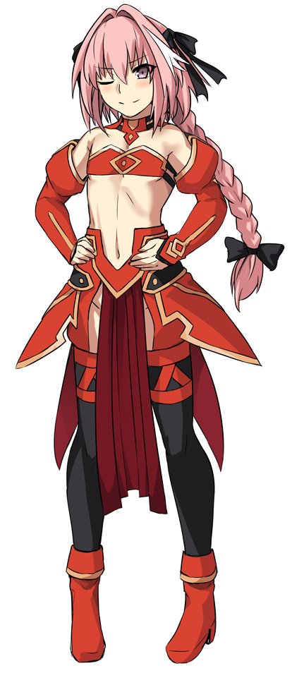 blush, braid, cosplay, fate/apocrypha, fate_(series), long_hair, male_focus, midriff, navel, one_eye_closed, pink_hair, rider_of_black, saber_of_red, saber_of_red_(cosplay), shiseki_hirame, single_braid, solo, trap, violet_eyes
