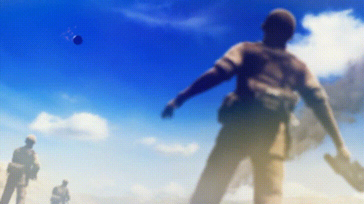 00s, animated, animated_gif, assault_rifle, explosion, firing, ground_vehicle, gun, gundam, gundam_ms_igloo, handgun, helmet, huge_filesize, military, military_vehicle, motor_vehicle, parachute, pistol, soldier, tank, war, weapon, zeon