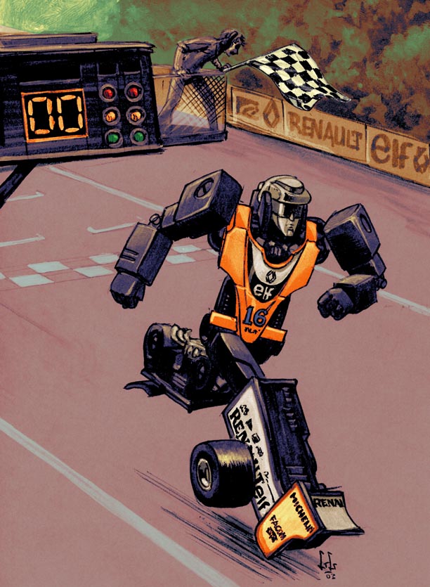 1980s_(style), 1boy, a-loft-on-cybertron, checkered_flag, dated, flag, gobots, headgear