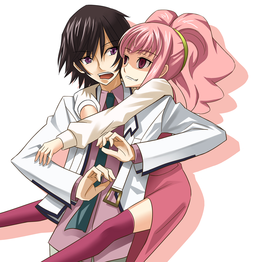 code_geass, couple, empty_eyes, formal, gogochi, grin, hug, hug_from_behind