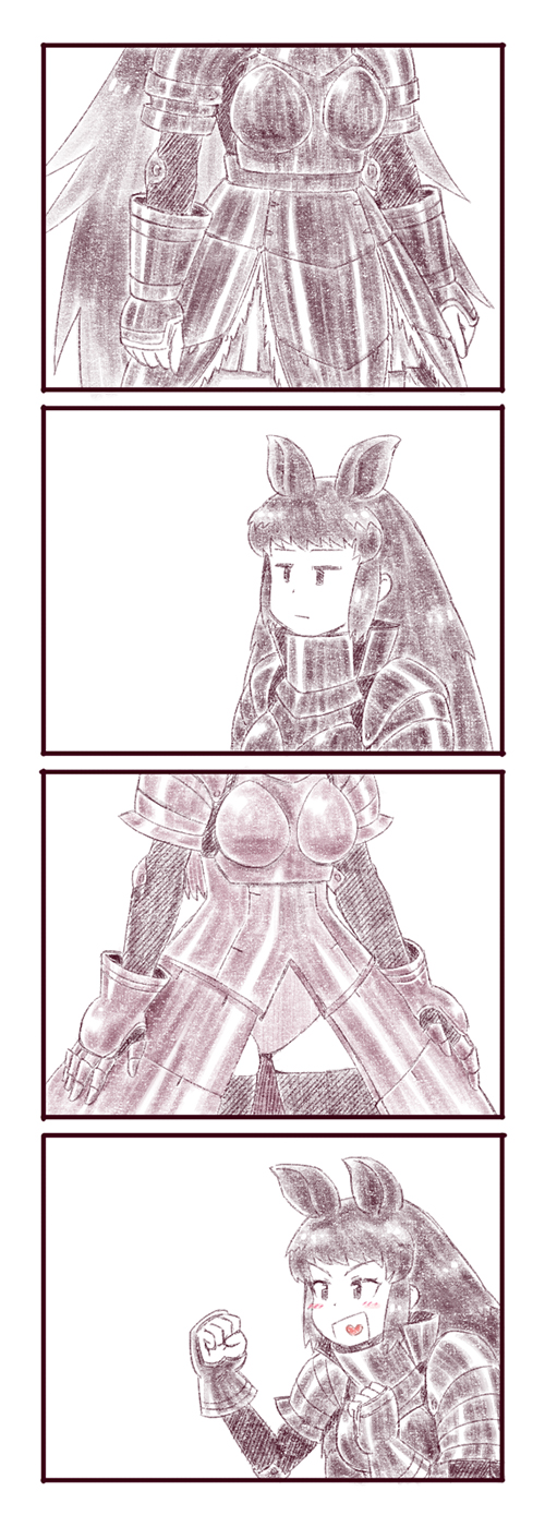 3girls, 4koma, :|, animal_ears, armor, armored_dress, black_rhinoceros_(kemono_friends), blush