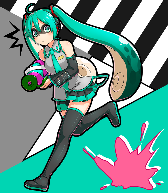 1girl, :/, bare_shoulders, black_legwear, boots, closed_mouth, crossover, detached_sleeves, domino_mask, full_body, green_eyes, green_hair, hair_between_eyes, hatsune_miku, headphones, headset, holding, holding_weapon, inkling, long_hair, looking_at_viewer, mask, necktie, nonaka_hako, running, shirt, skirt, solo, splatoon, suction_cups, super_soaker, tentacle_hair, thigh-highs, thigh_boots, twintails, very_long_hair, vocaloid, weapon, zettai_ryouiki