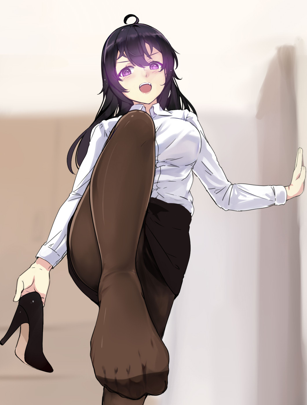 >:d, 1girl, :d, ahoge, balancing, bangs, beifeng_han, black_skirt, blush, collared_shirt, dress_shirt, eyebrows_visible_through_hair, feet, glowing, glowing_eyes, high_heels, highres, holding_shoe, indoors, leg_up, long_hair, looking_at_viewer, miyaura_sanshio, office_lady, open_mouth, original, pantyhose, pencil_skirt, pov_feet, revision, shirt, shoes_removed, single_shoe, skirt, smile, solo, standing, standing_on_one_leg, teeth, toes, violet_eyes, white_shirt