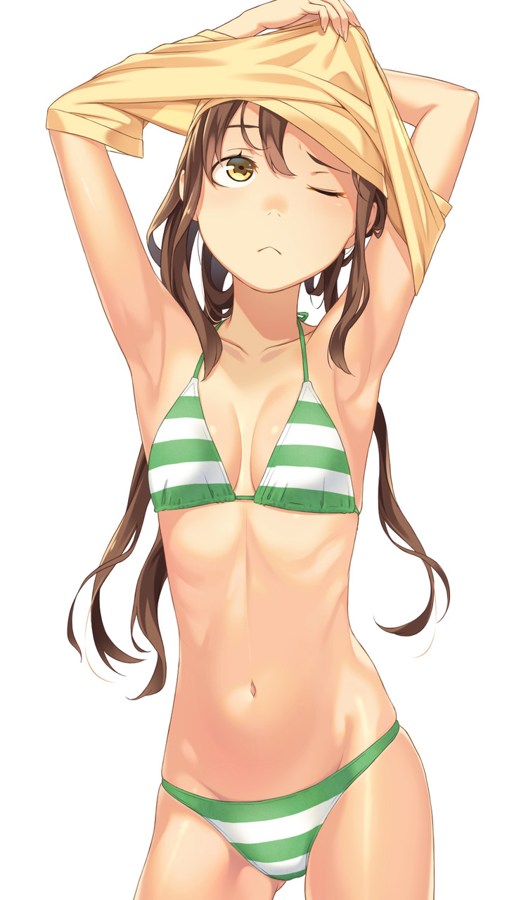 1girl, ;<, armpits, arms_up, bikini, breasts, brown_hair, closed_mouth