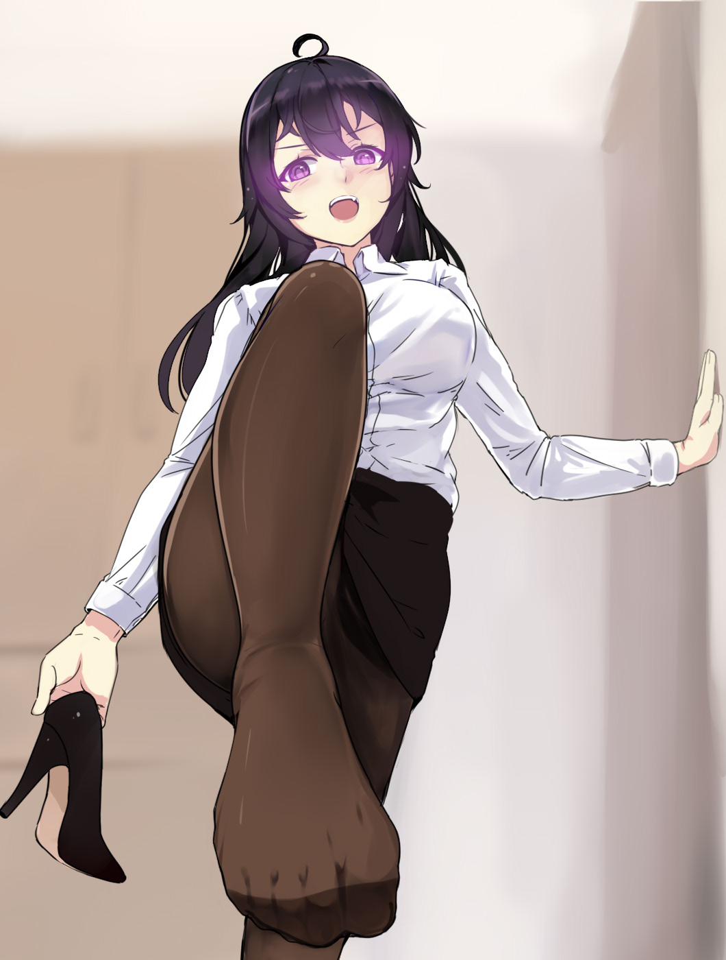 >:d, 1girl, :d, ahoge, balancing, bangs, beifeng_han, black_skirt, blush, collared_shirt, dress_shirt, eyebrows_visible_through_hair, feet, glowing, glowing_eyes, high_heels, highres, holding_shoe, indoors, leg_up, long_hair, looking_at_viewer, miyaura_sanshio, office_lady, open_mouth, original, pencil_skirt, shirt, shoes_removed, single_shoe, skirt, smile, solo, standing, standing_on_one_leg, teeth, toes, violet_eyes, white_shirt