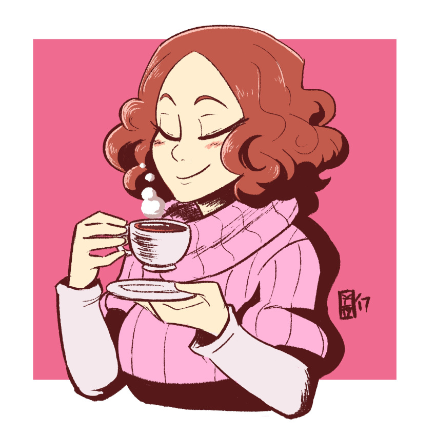 10s, 1girl, absurdres, blush, brown_hair, closed_eyes, cup, highres