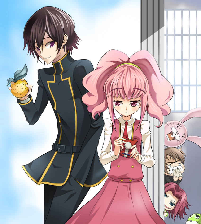 black_hair, blush, bunny, code_geass, couple, food, fruit, gogochi
