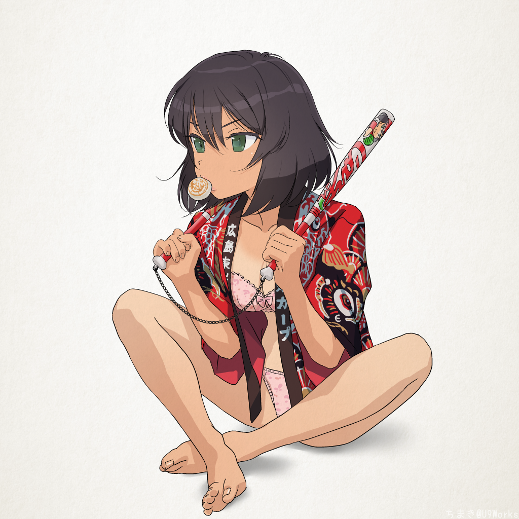 1girl, bare_legs, barefoot, black_hair, blush, bow, bow_bra, bra, breasts, chains, chimaki_(u9works), cleavage, collarbone, crossed_ankles, food, full_body, girls_und_panzer, green_eyes, grey_background, hair_between_eyes, happi, holding, hoshino_(girls_und_panzer), japanese_clothes, knees_up, looking_afar, medium_breasts, mouth_hold, open_clothes, panties, pink_bow, pink_bra, pink_panties, short_hair, short_sleeves, simple_background, sitting, solo, spread_legs, tsurime, twitter_username, underwear, v-shaped_eyebrows