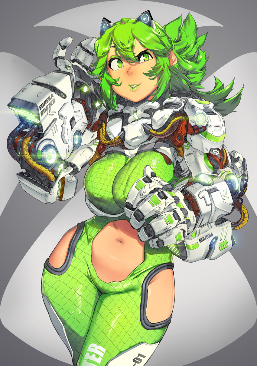 1girl, animal_ears, bodysuit, breasts, cat_ears, contrapposto, eureka_brider, eyeshadow, fake_animal_ears, game_console, green, green_bodysuit, green_eyes, green_hair, green_lipstick, highres, hip_vent, large_breasts, lipstick, long_hair, makeup, mechanical_arms, messy_hair, microsoft, navel, navel_cutout, neon_trim, os-tan, personification, ponytail, skin_tight, solo, standing, xbox_one, xbox_one_(personification)