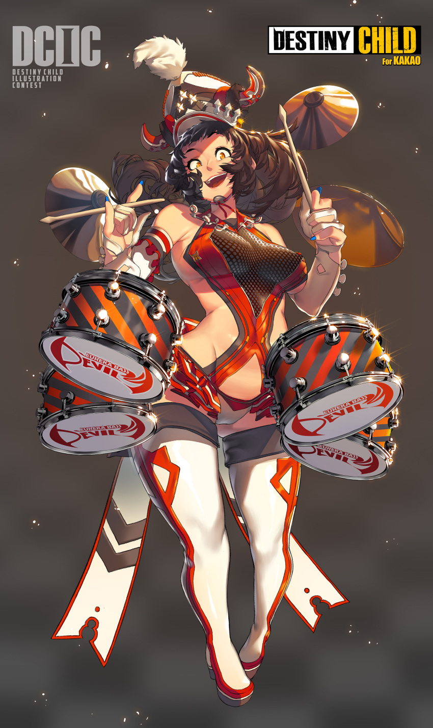 1girl, \m/, absurdres, blue_nails, boots, breasts, brown_eyes, brown_hair